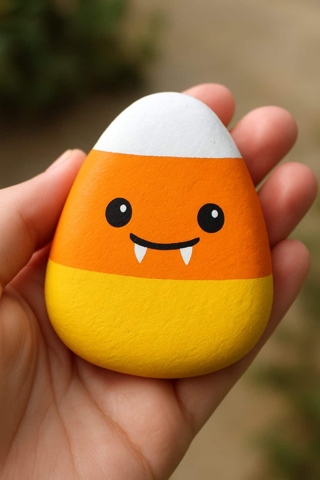 A hand holding a smooth river rock painted to look like candy corn with vampire teeth.