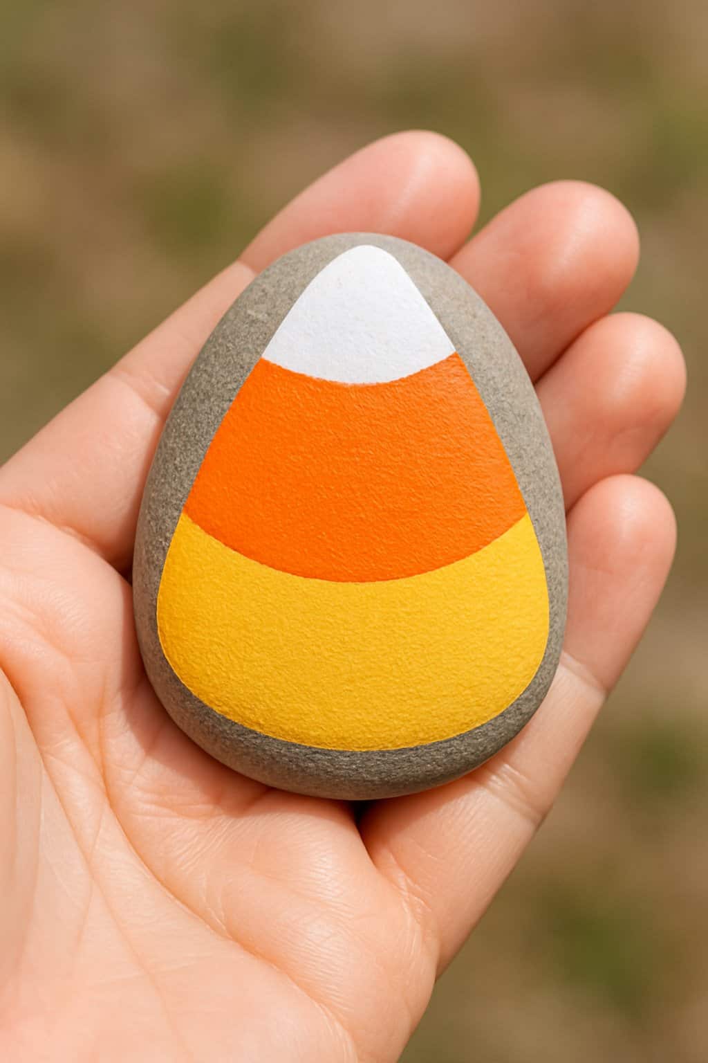 A hand holding a smooth river rock painted with a candy corn chevron pattern.