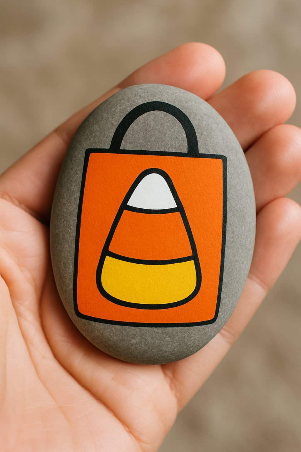 A hand holding a smooth river rock painted with bright orange, white, and yellow colors in a simple candy corn and trick-or-treat bag design.