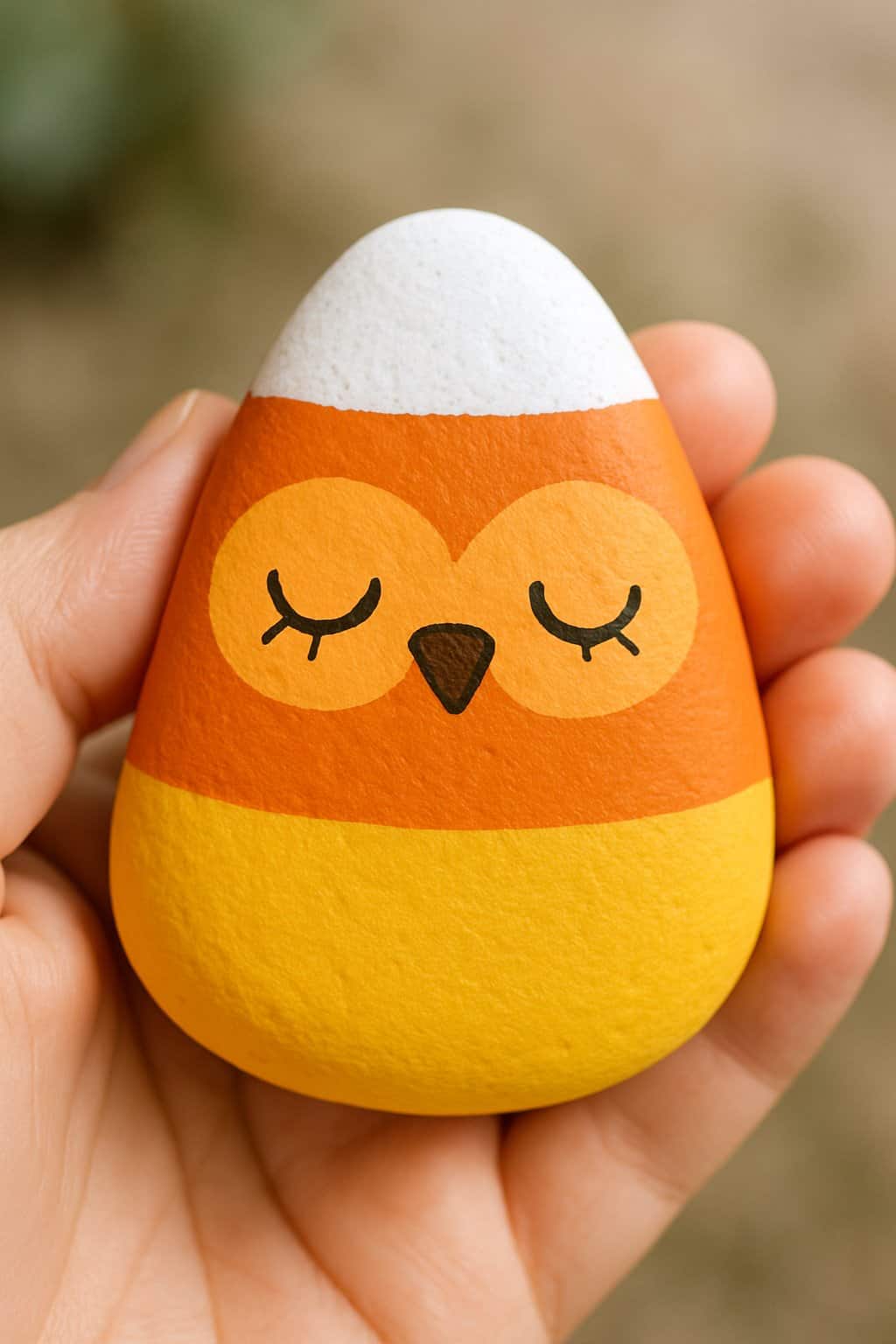 A hand holding a smooth river rock painted with a candy corn design and a friendly owl face.
