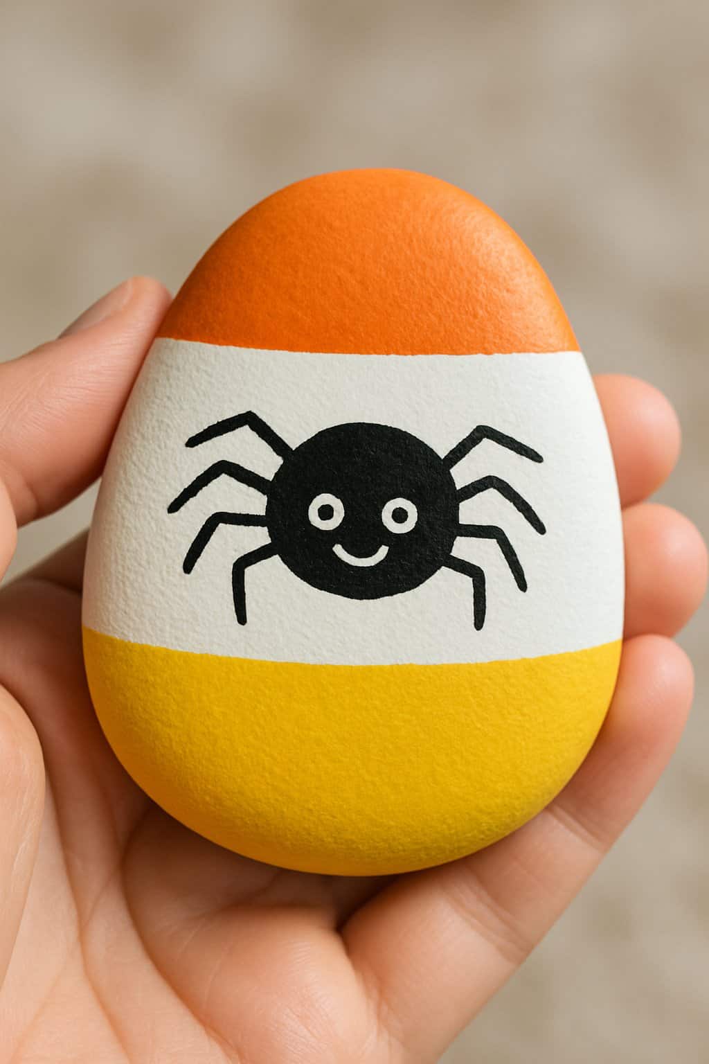 A hand holding a smooth river rock painted with candy corn colors and a small smiling black widow spider.