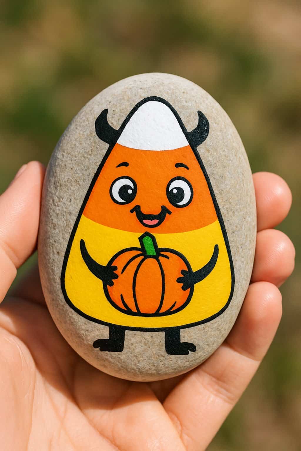 A hand holding a smooth river rock painted with a candy corn monster holding a pumpkin.
