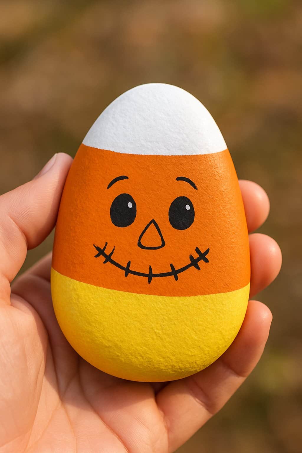 A hand holding a smooth river rock painted with candy corn colors and a scarecrow face.