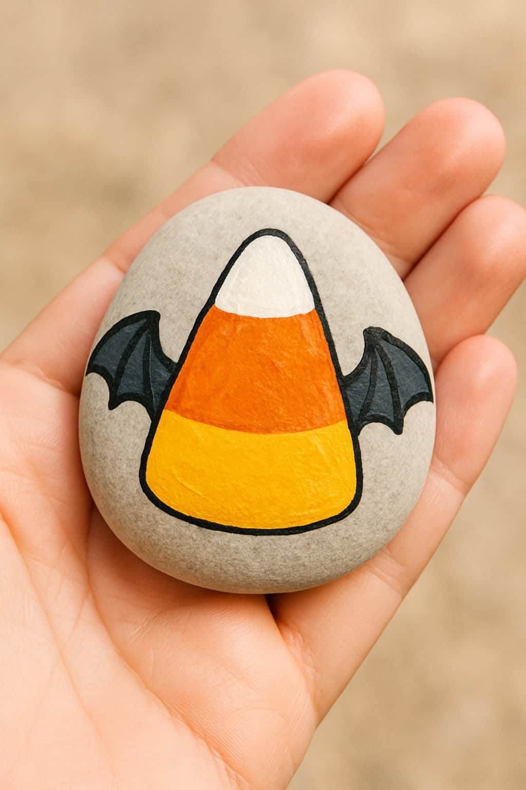 A hand holding a smooth river rock painted with candy corn colors and small bat wings.