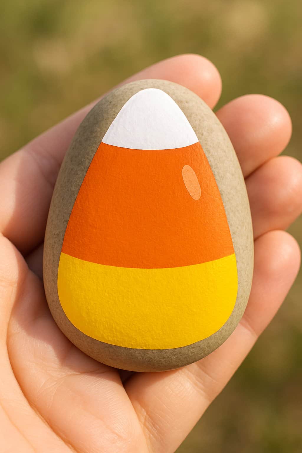 A hand holding a smooth river rock painted with a candy corn design in white, orange, and yellow colors.