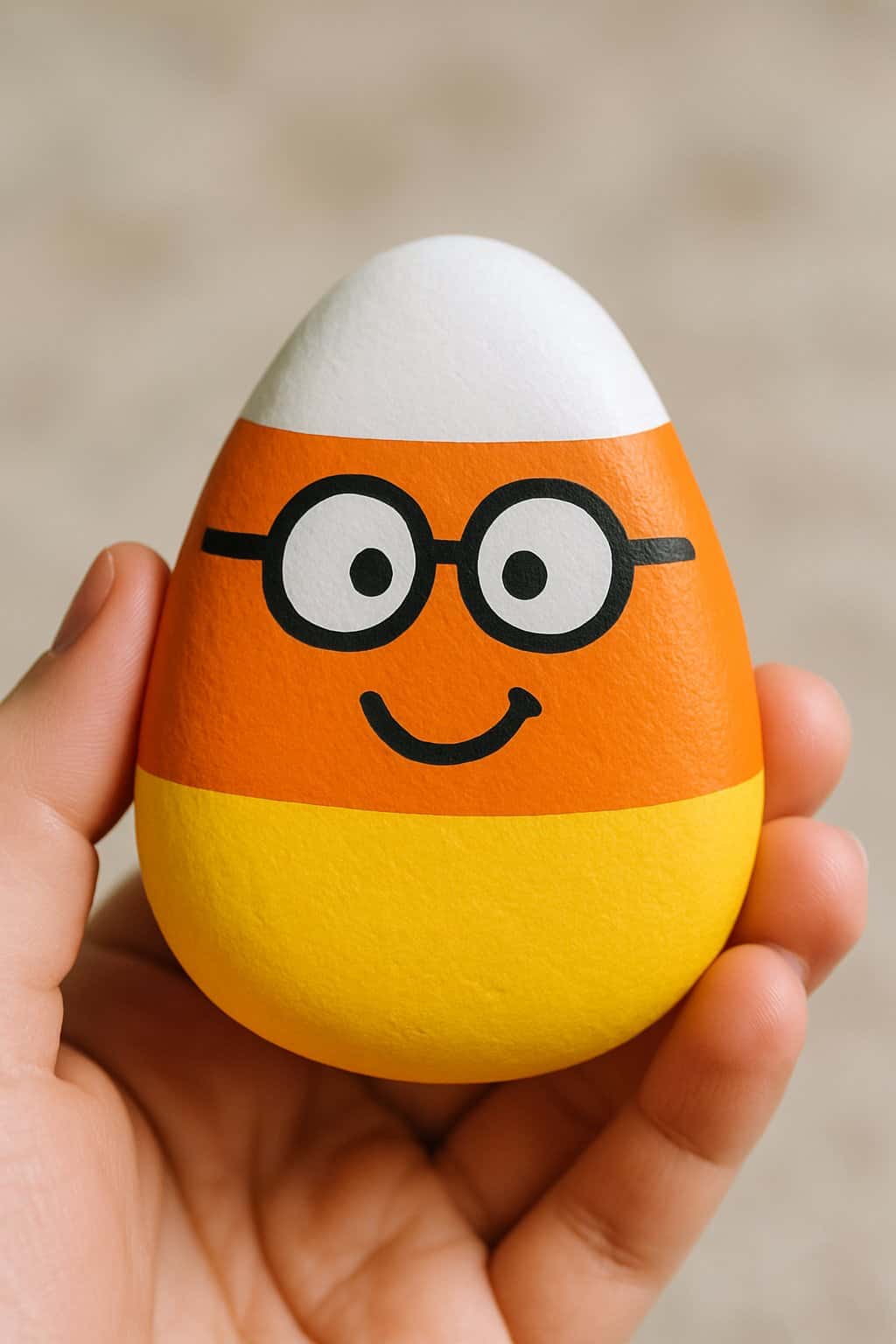 A hand holding a smooth river rock painted like a candy corn with silly goggles and a smile.