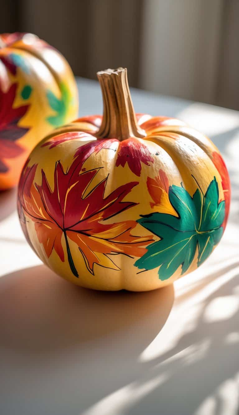 Close-up of one or two pumpkins painted with colorful fall leaf designs on a clean tabletop.