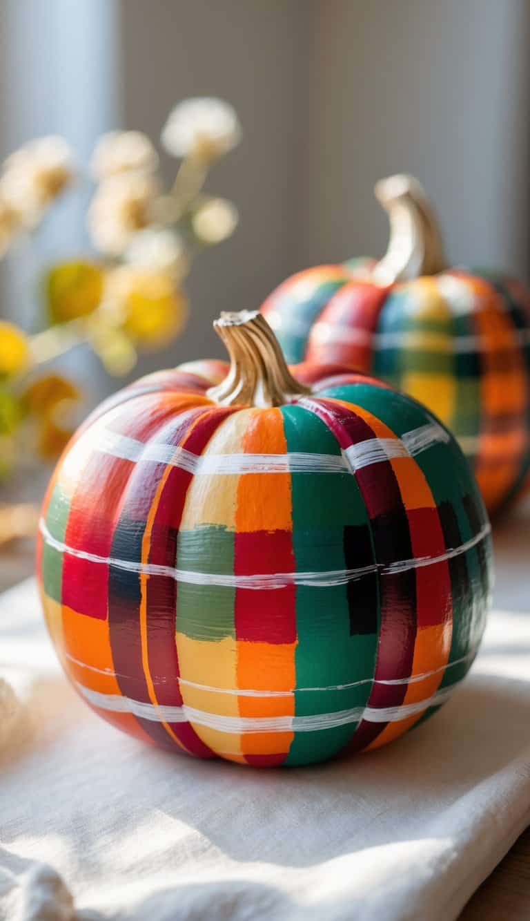 One to two pumpkins painted with colorful plaid patterns placed on a clean tabletop under soft daylight.