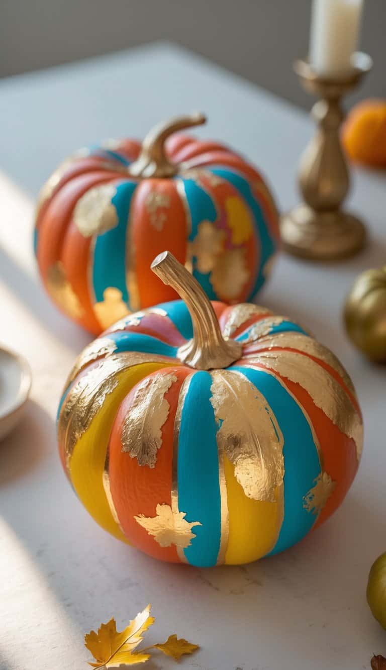 Close-up of one or two pumpkins painted with colorful designs and gold leaf accents on a tabletop.