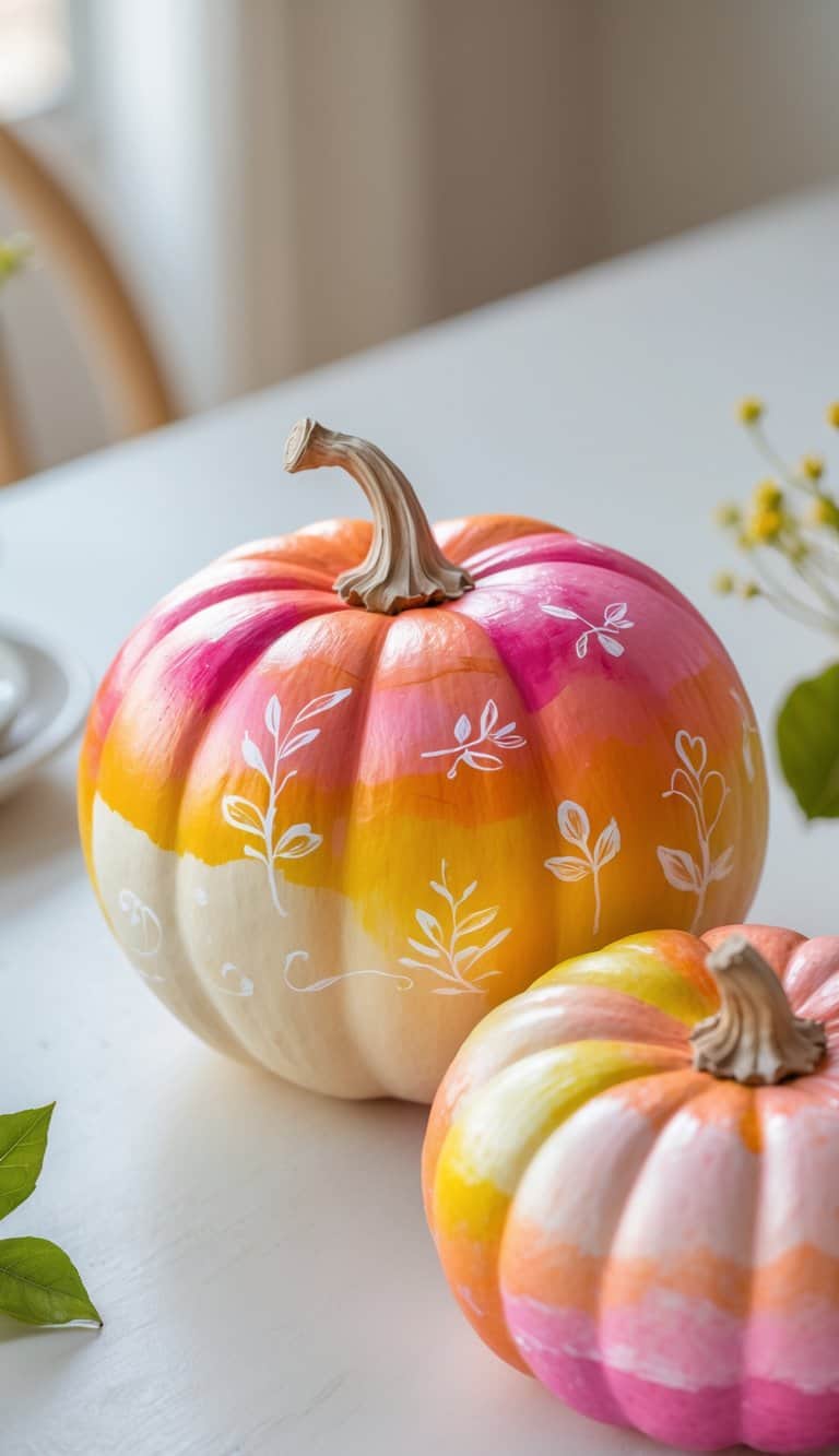 One to two painted pumpkins with colorful ombre designs placed on a clean tabletop.