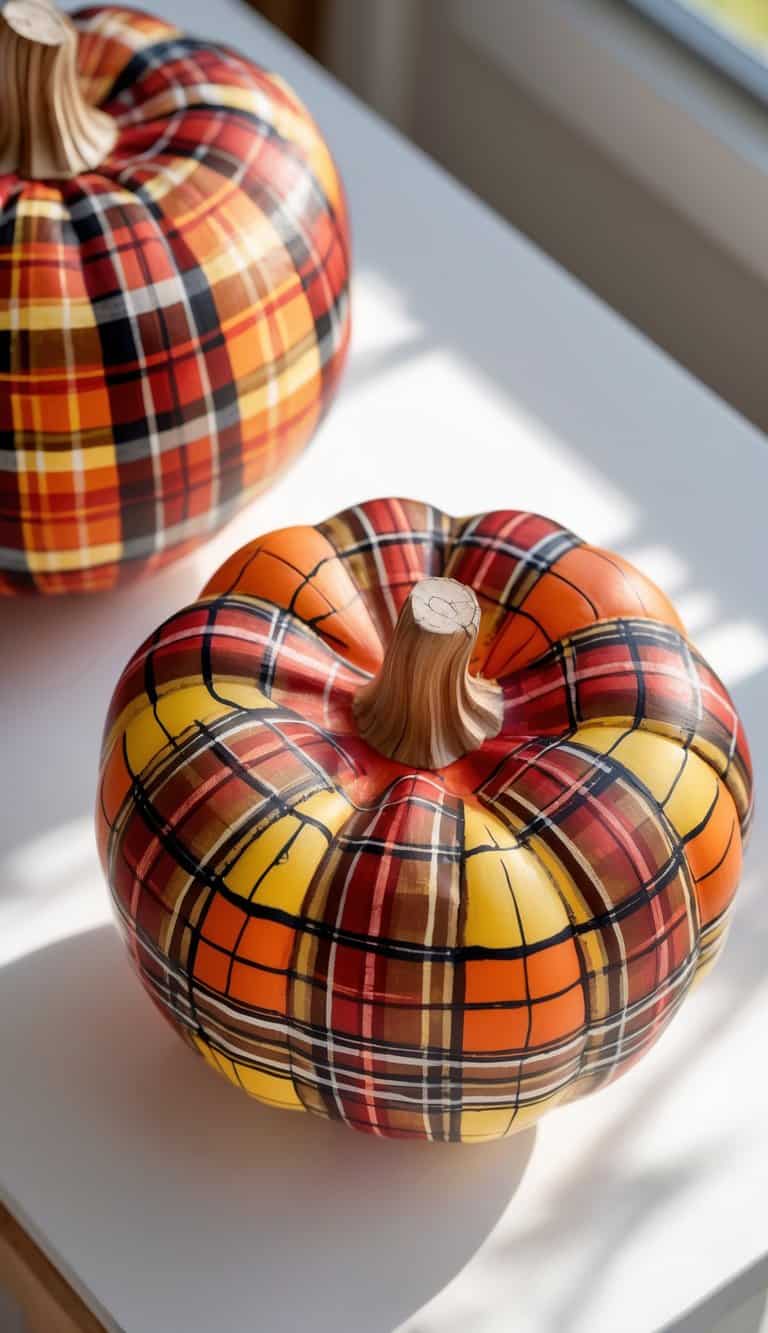 One to two pumpkins painted with colorful autumn plaid patterns on a clean tabletop.