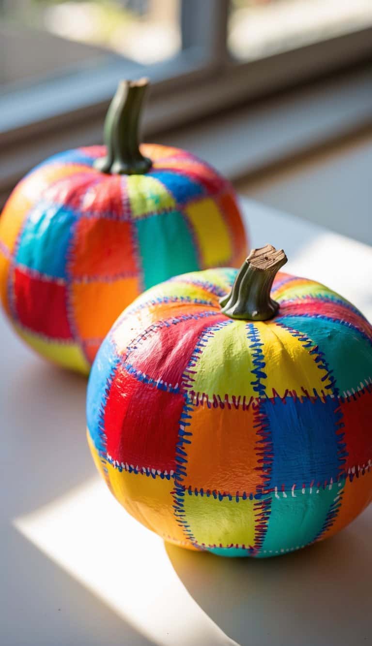 Close-up of one to two pumpkins painted with colorful patchwork quilt patterns on a clean tabletop.