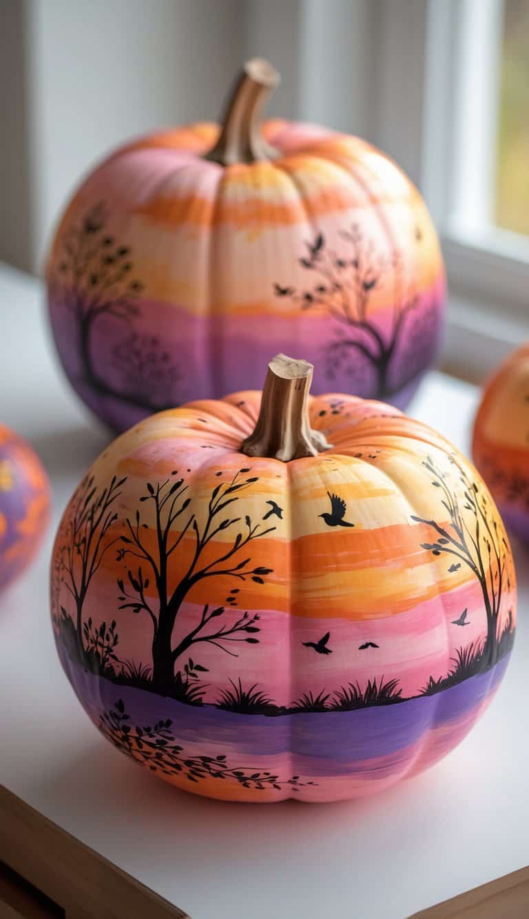Close-up of one or two pumpkins painted with a colorful fall sunset scene, placed on a clean tabletop.