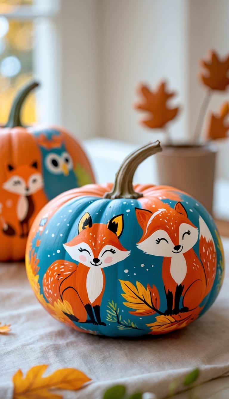 Close-up of one to two pumpkins painted with colorful autumn woodland animals on a simple tabletop.