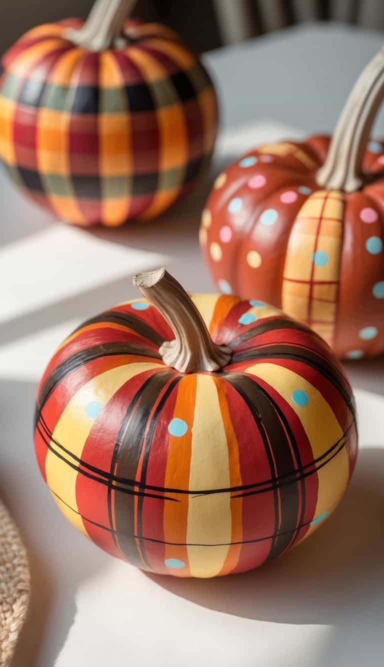 Close-up of one or two pumpkins painted with warm plaid and polka dot designs on a clean tabletop.
