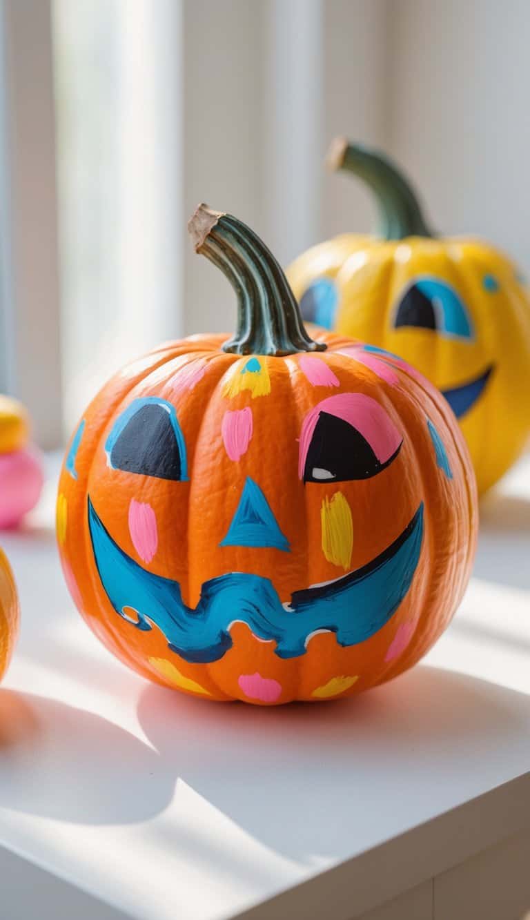 One to two painted pumpkins with classic Jack-o'-lantern faces on a tabletop.