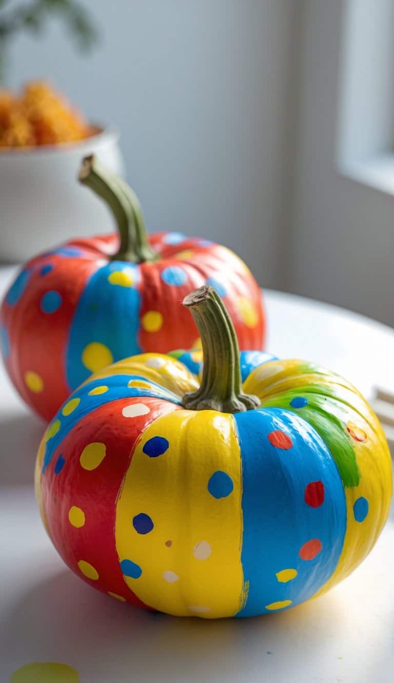 Close-up of one to two small pumpkins painted with colorful polka dots on a clean tabletop.