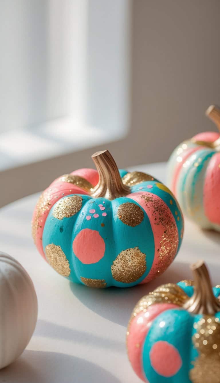 Close-up of one or two small painted pumpkins with colorful designs and glitter on a tabletop.