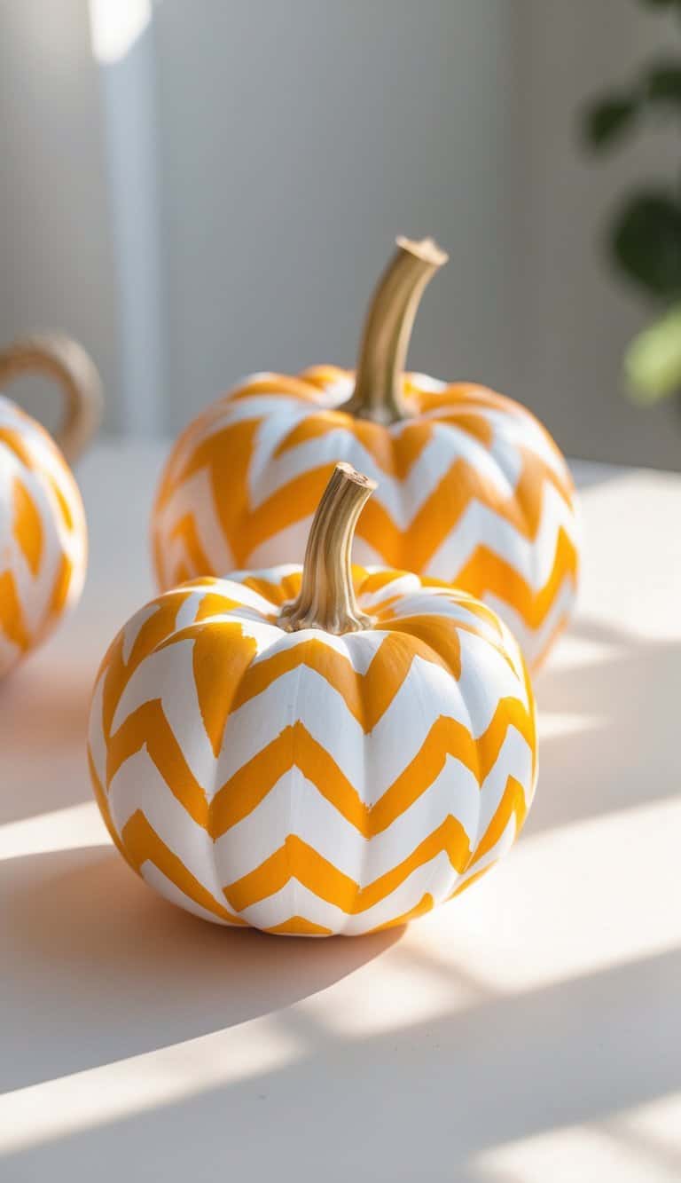 Close-up of one to two small pumpkins painted with white chevron patterns placed on a clean tabletop.