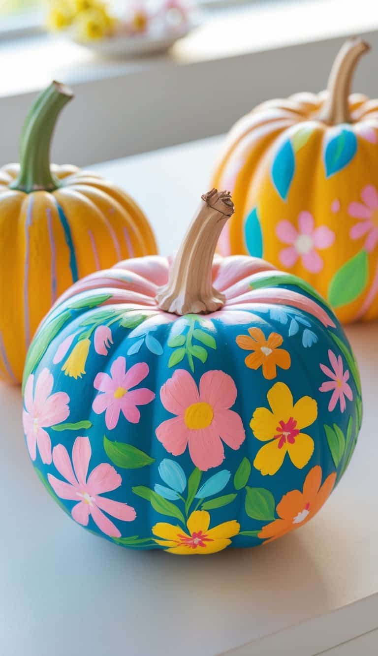 One to two pumpkins painted with colorful floral patterns placed on a clean tabletop under soft daylight.