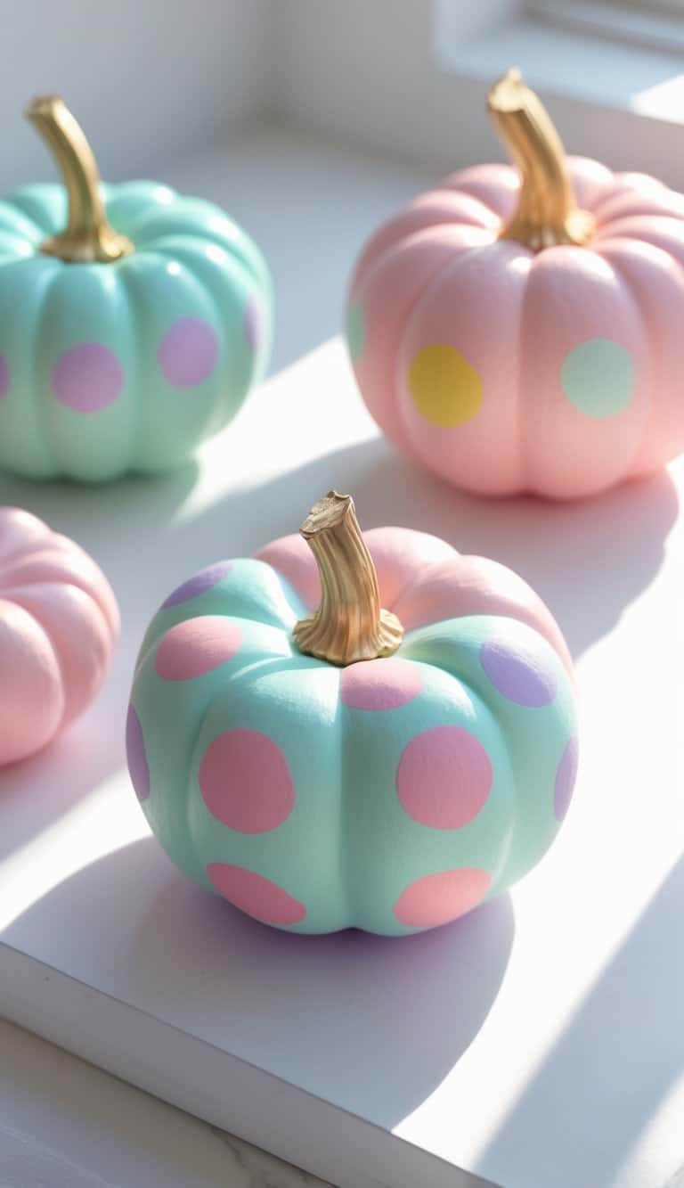 Close-up of one to two small pumpkins painted with colorful pastel polka dots on a clean tabletop.