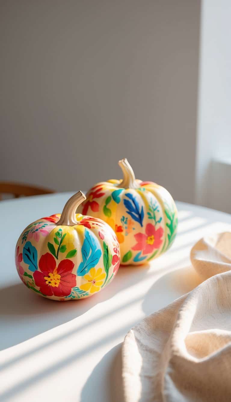 Close-up of one to two small pumpkins painted with colorful floral and leaf patterns on a simple tabletop.