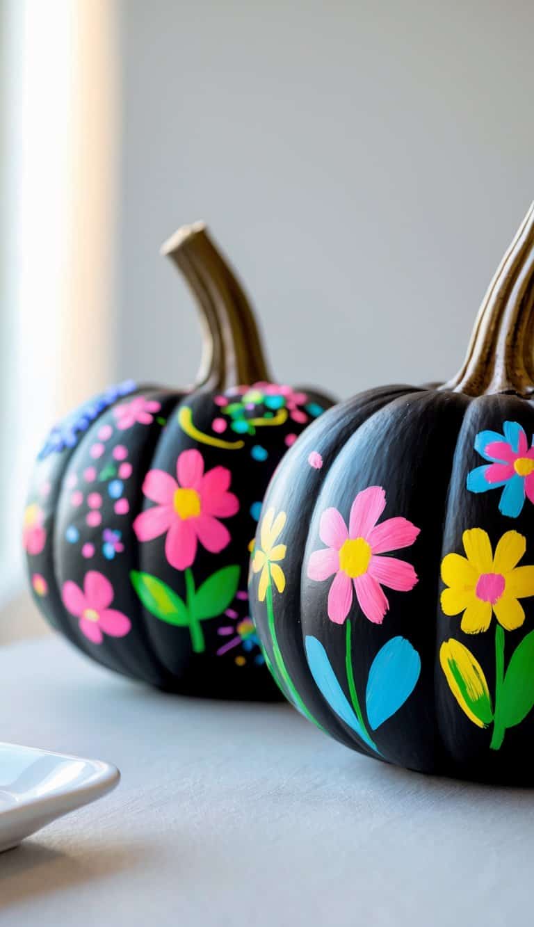 Close-up of one or two pumpkins painted with chalkboard black paint and colorful playful designs, placed on a clean tabletop.