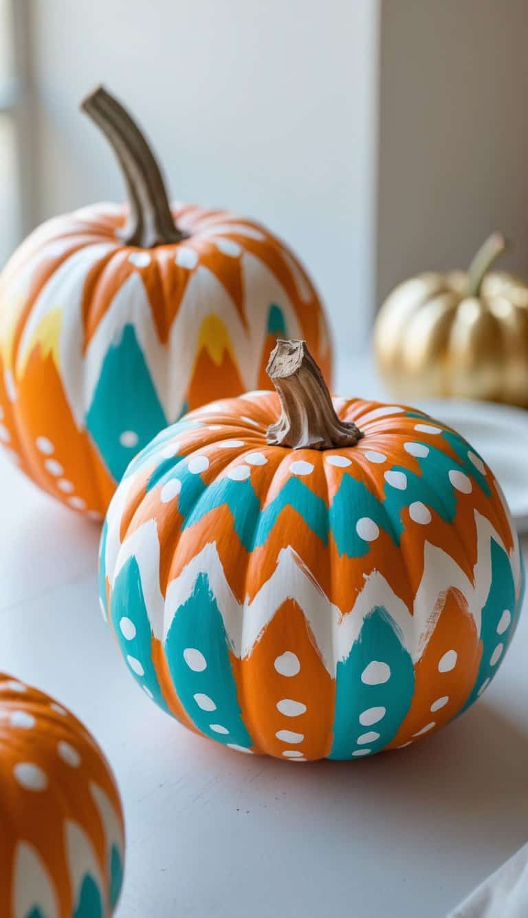 Close-up of one or two pumpkins painted with chevron and dot patterns on a tabletop.