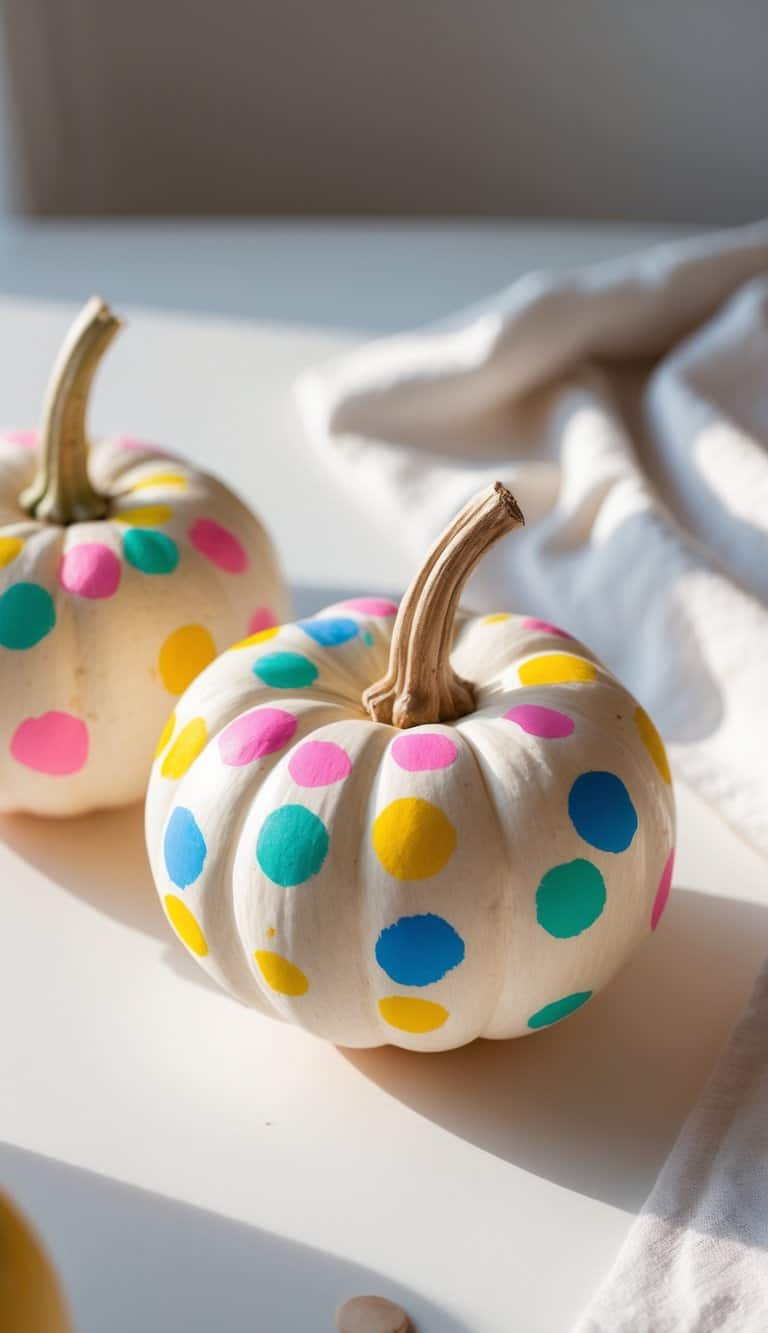 Close-up of one to two small pumpkins painted with colorful confetti dots on a simple tabletop.