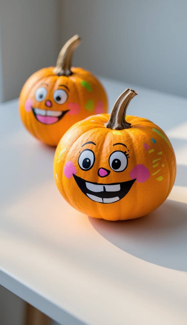 One to two small pumpkins painted with colorful cartoon faces placed on a clean tabletop.
