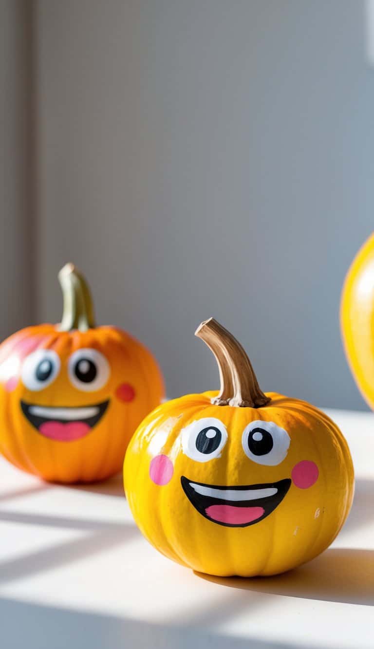 One to two small pumpkins painted with happy emoji faces on a clean tabletop.