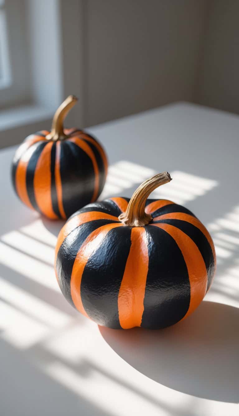 One to two pumpkins painted with black and orange stripes on a tabletop with soft daylight and a clean background.