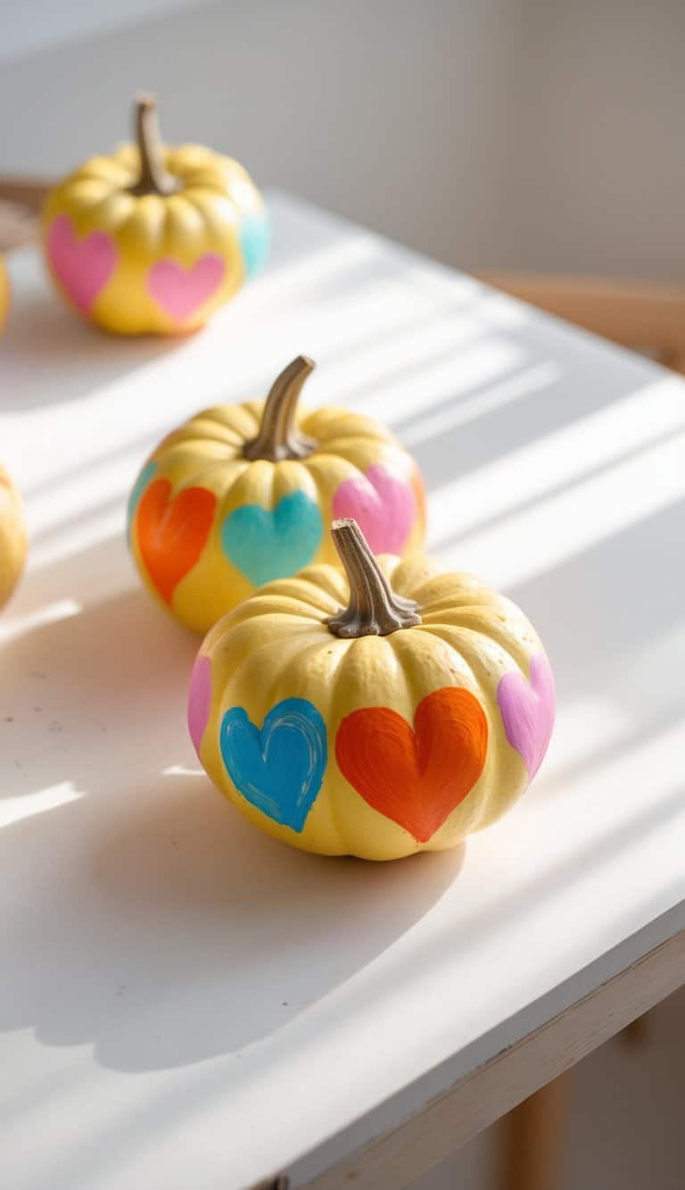 Close-up of one or two small pumpkins painted with colorful heart patterns on a clean tabletop.