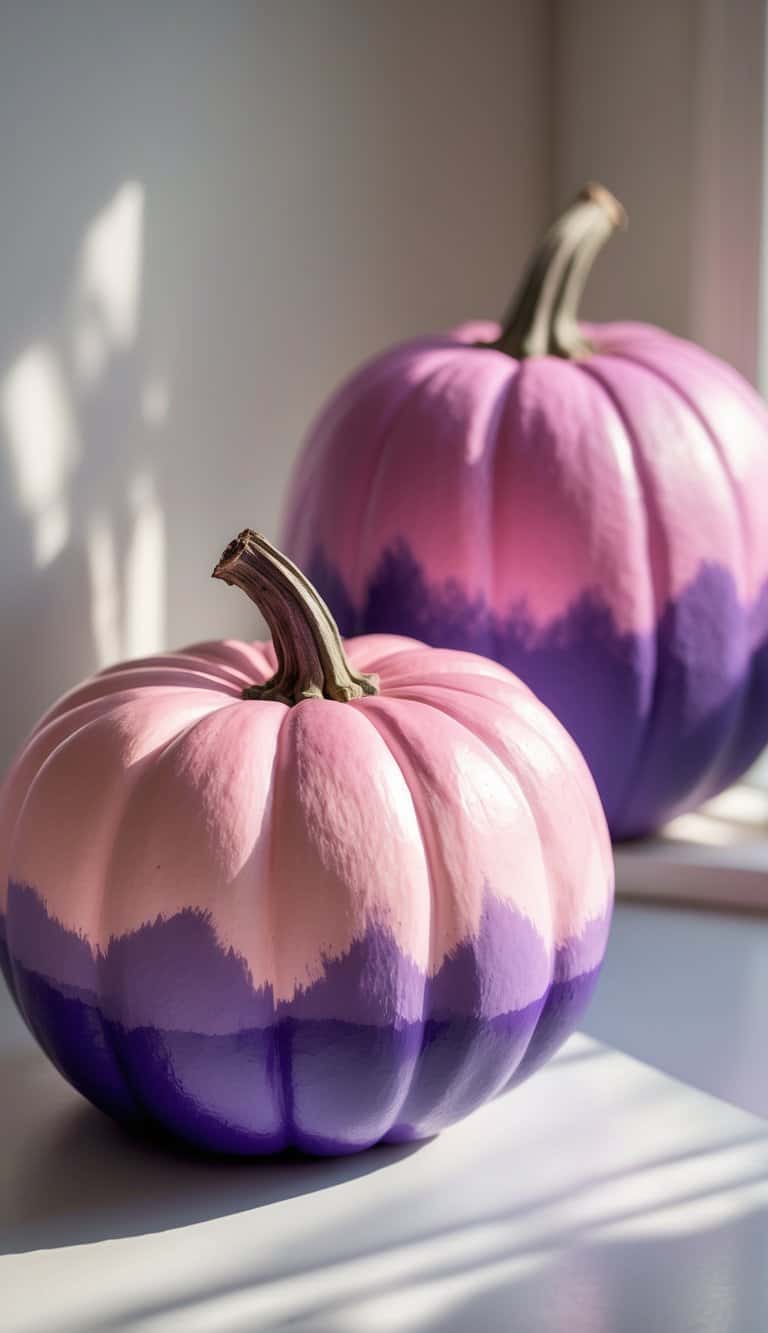 One to two pumpkins painted in pink and purple ombre shades on a tabletop, shown in close-up with soft natural light.