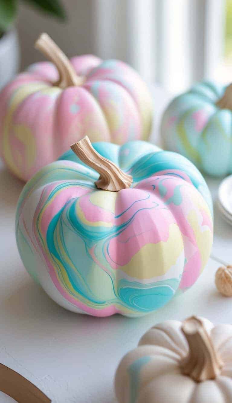 One to two painted pumpkins with colorful marble patterns displayed on a tabletop in natural light.