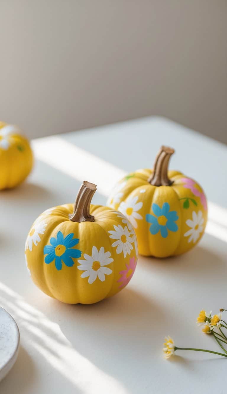 One to two small pumpkins on a table, decorated with tiny hand-painted daisies.
