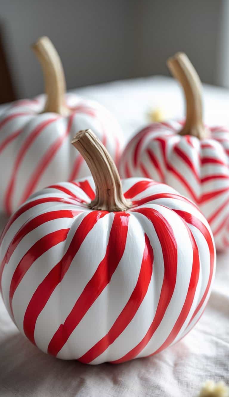Close-up of one or two pumpkins painted with red and white candy cane swirl patterns on a tabletop.
