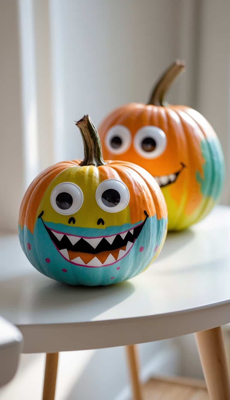One or two pumpkins painted as cartoonish monsters with googly eyes on a tabletop.