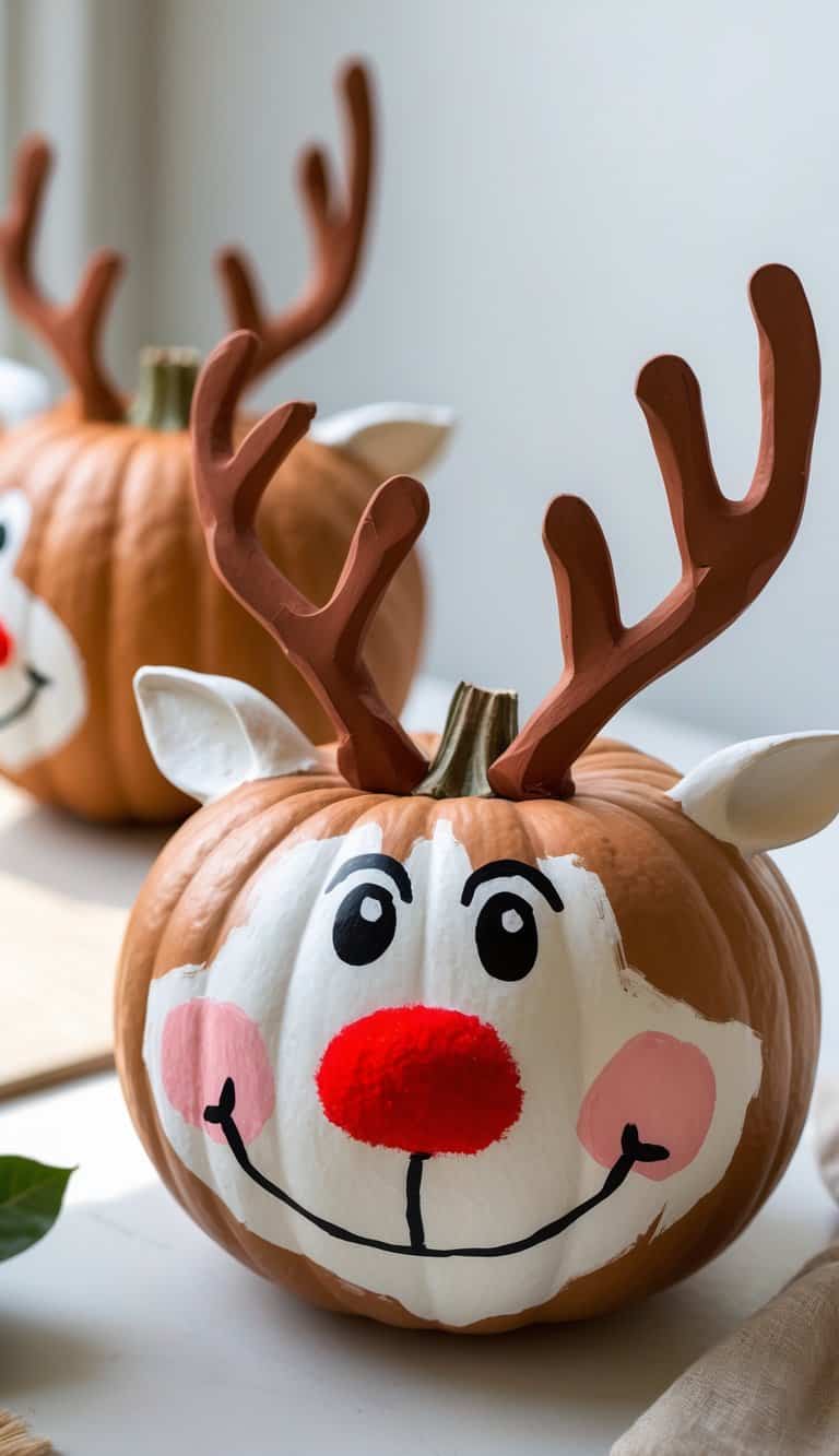 Close-up of one to two pumpkins painted with a reindeer face and red nose on a clean tabletop.