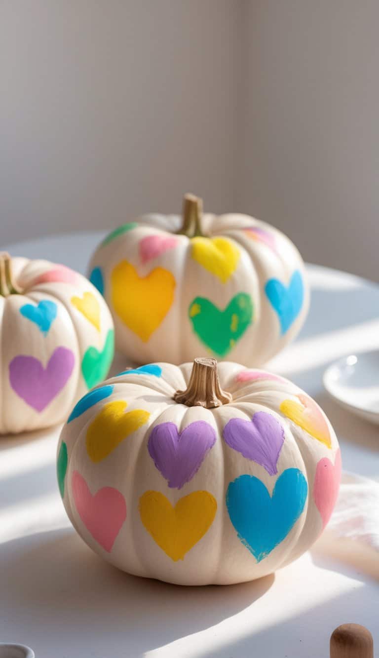One or two pumpkins painted with colorful rainbow hearts on a clean tabletop under soft daylight.