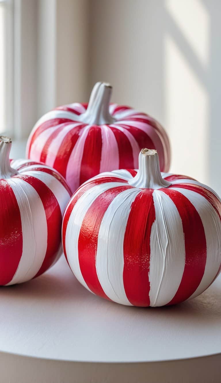 Close-up of one or two small pumpkins painted with red and white candy-striped patterns on a plain tabletop.