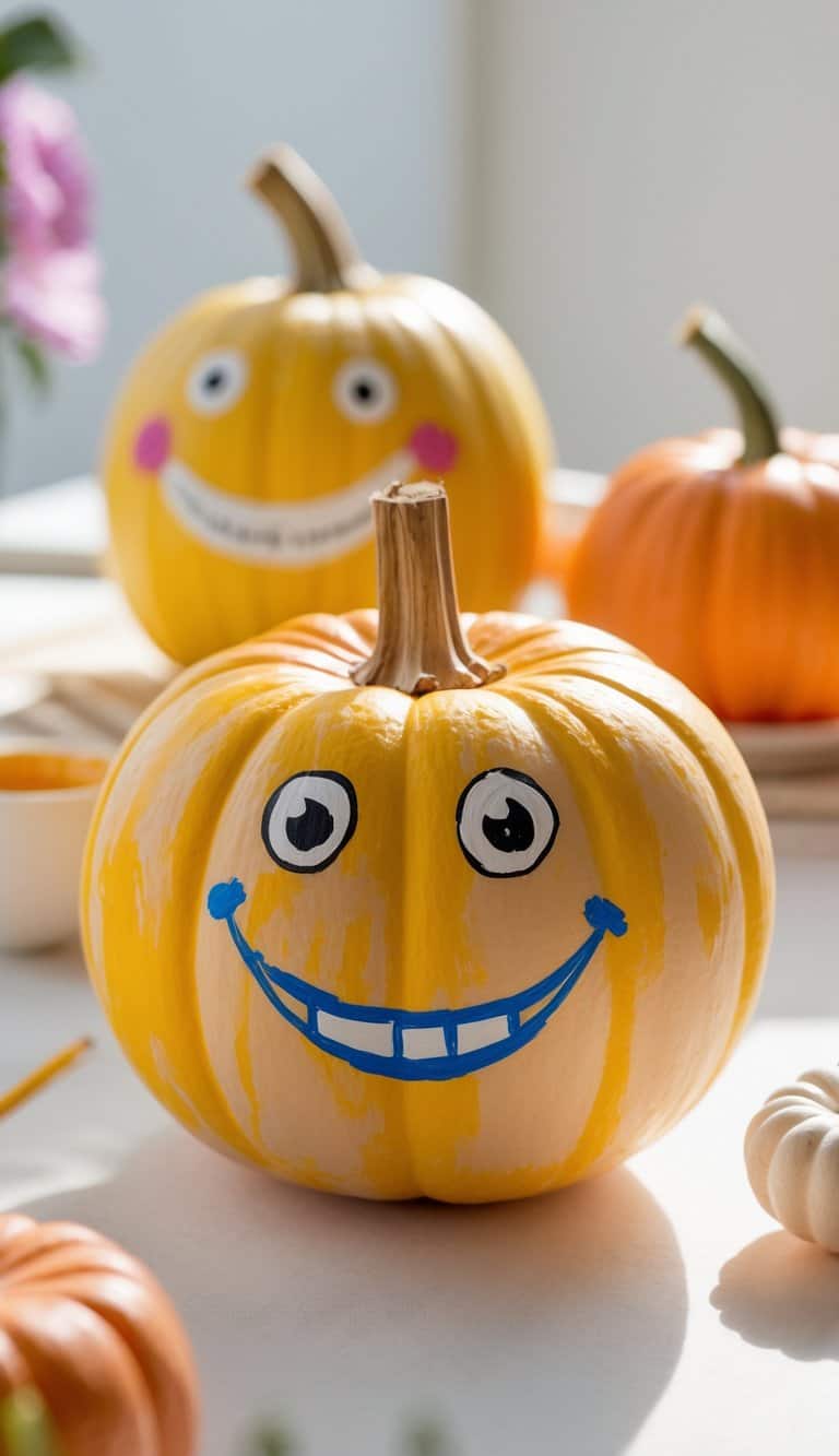 One to two small pumpkins on a table painted with simple smiling faces and round eyes.