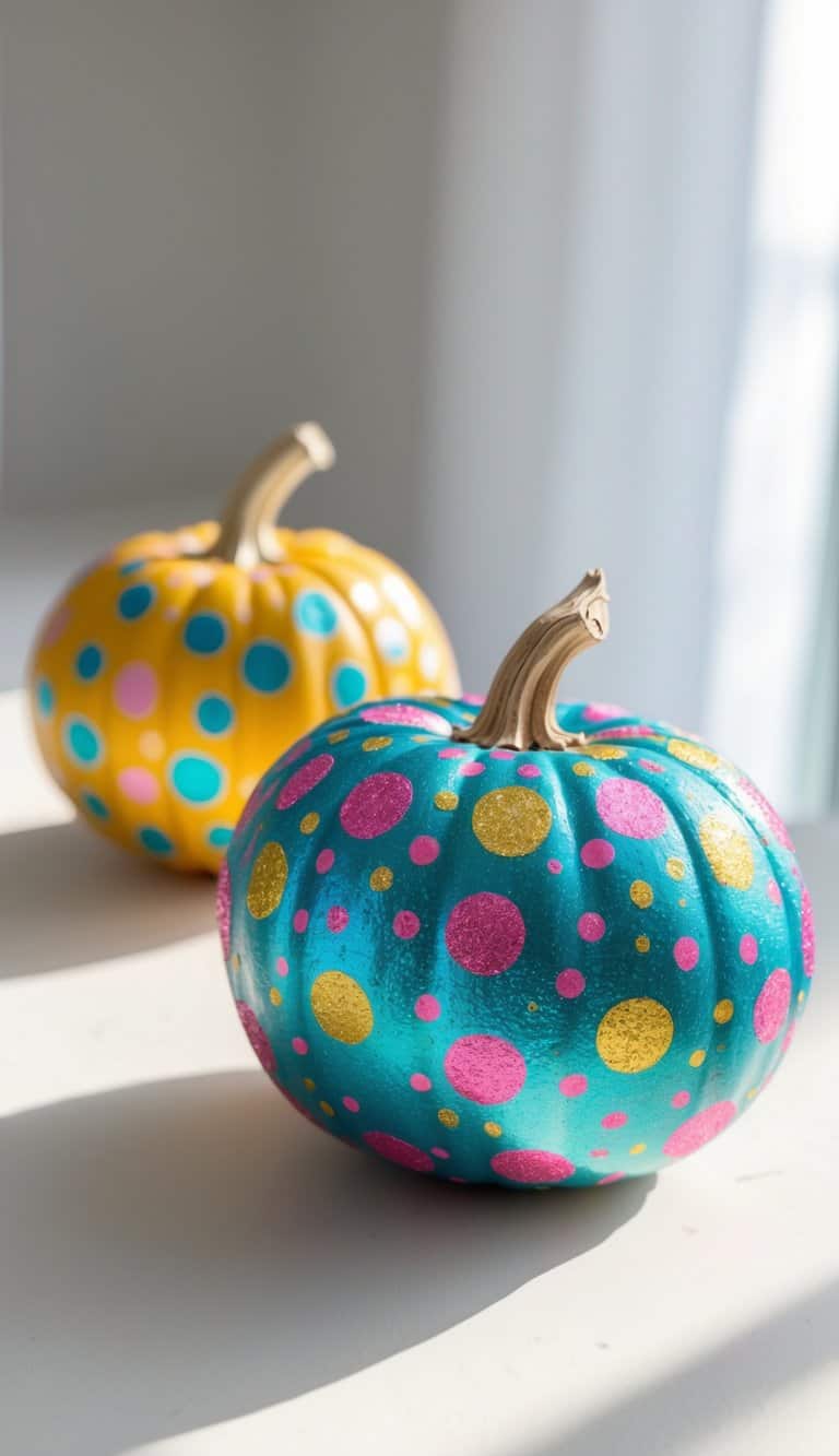 One to two pumpkins painted with colorful glittery polka dots on a tabletop with soft daylight.