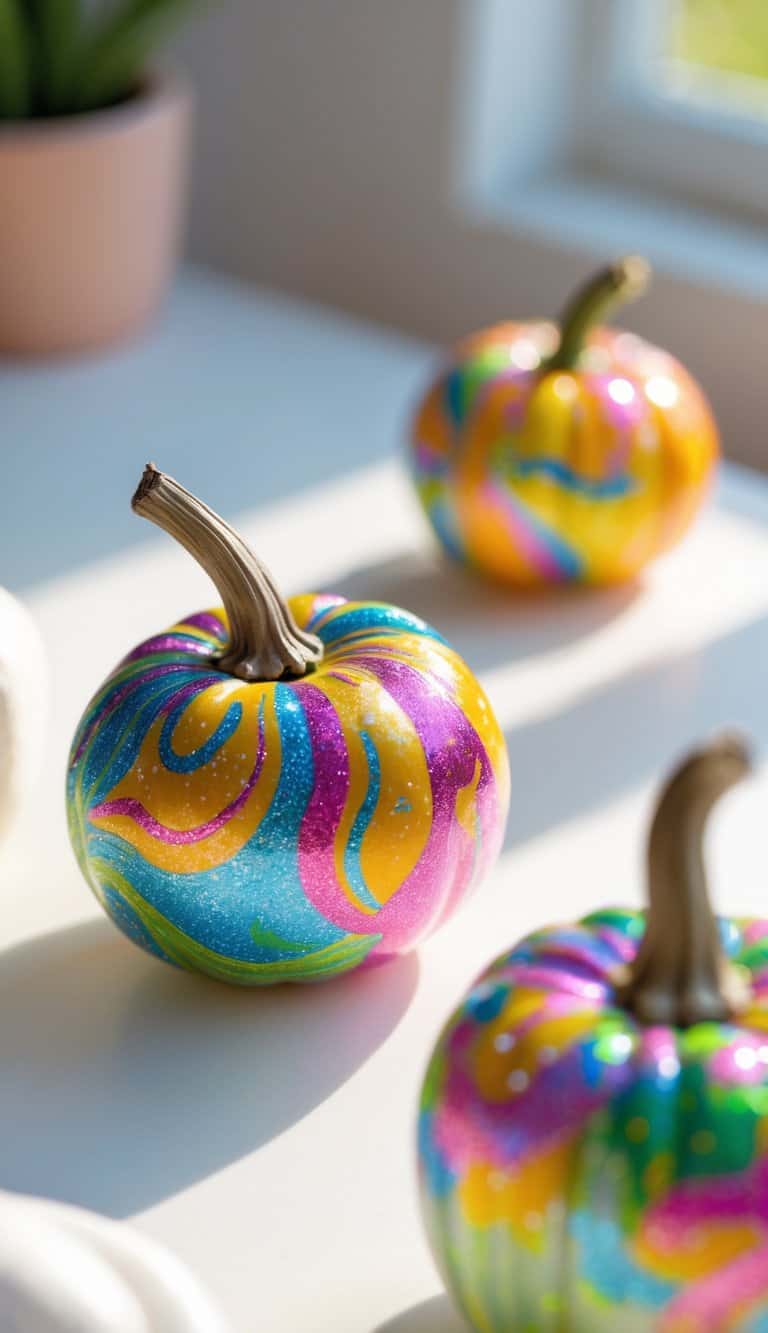 One to two small pumpkins painted with colorful, shimmering designs sitting on a table.