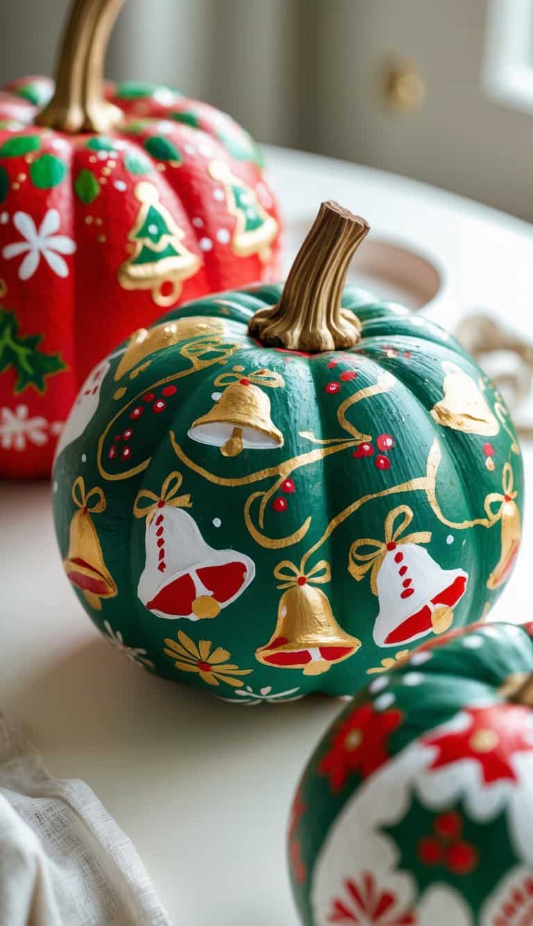 Close-up of one to two painted pumpkins on a tabletop, decorated with colorful Christmas-themed designs including bells and ribbons.