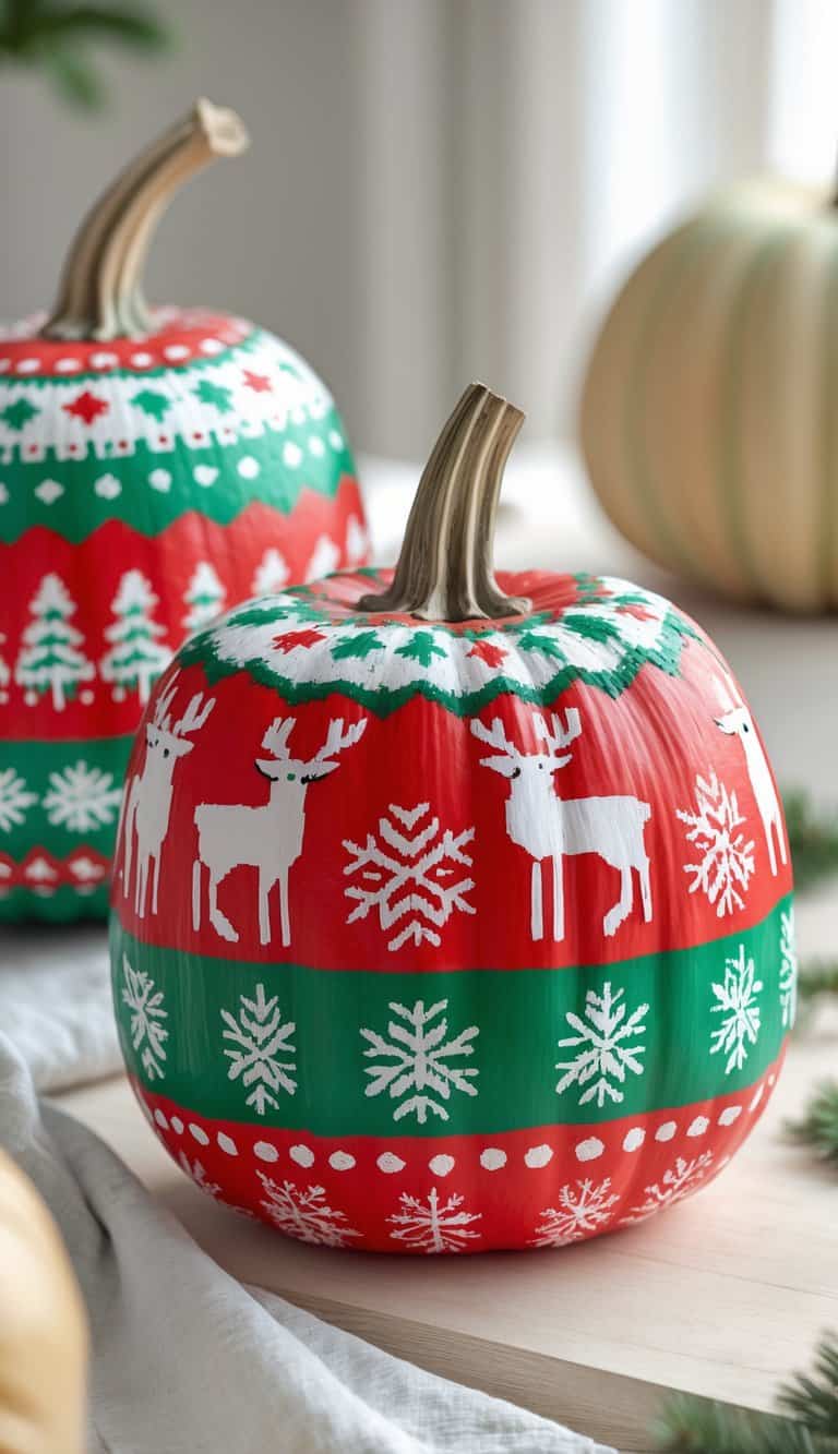 One to two pumpkins painted with colorful festive sweater patterns on a clean tabletop.