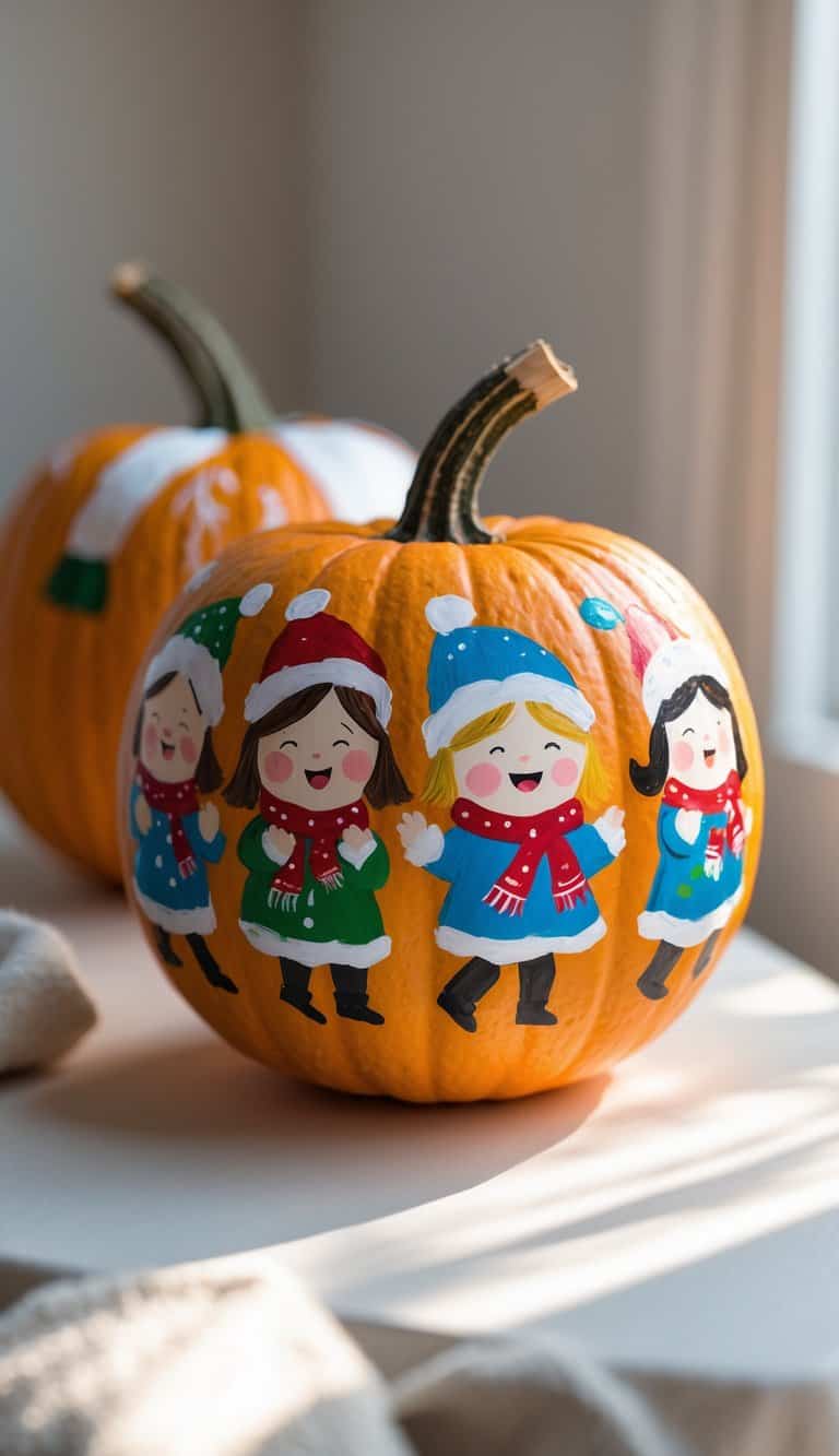 One or two pumpkins painted with colorful images of children singing Christmas carols, arranged on a table.