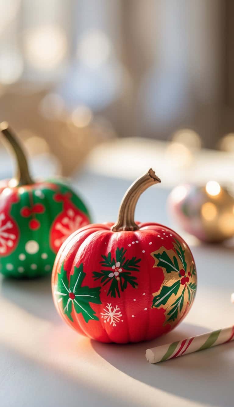 Close-up of one or two small pumpkins painted with bright Christmas-themed designs on a clean tabletop.