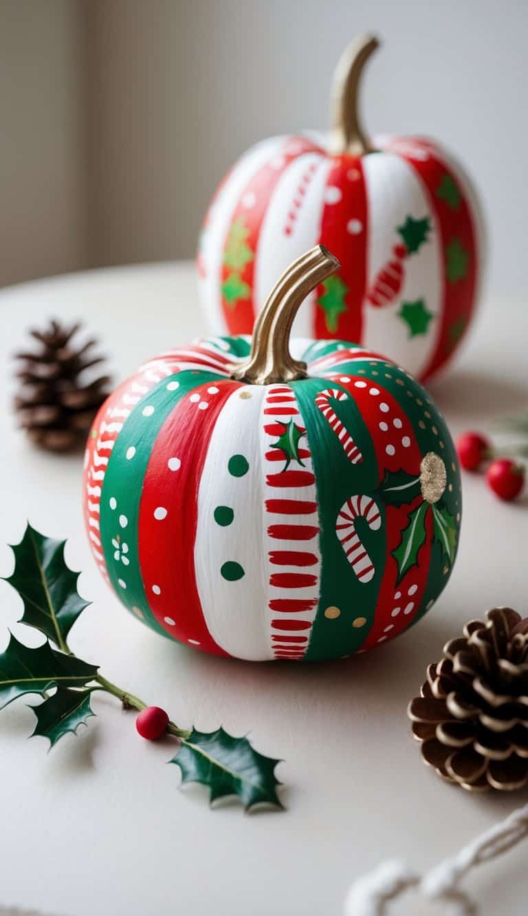 Close-up of one to two brightly painted pumpkins with festive holiday designs on a tabletop.