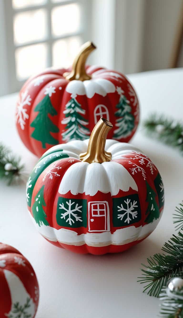 Close-up of one to two painted pumpkins with Christmas-themed designs on a tabletop, featuring snowflakes and pine tree motifs.